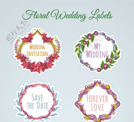 4款水彩绘婚礼花卉标签矢量素材