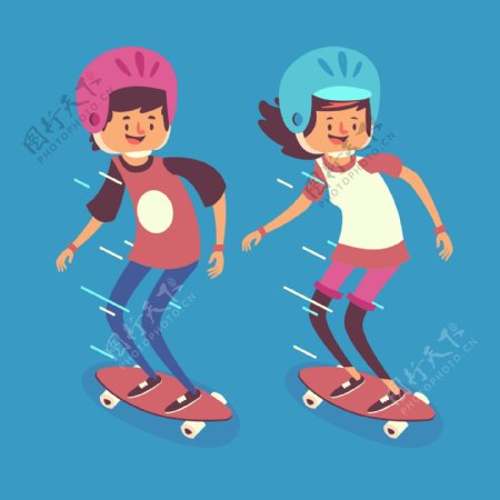 卡通滑滑板的青年男女