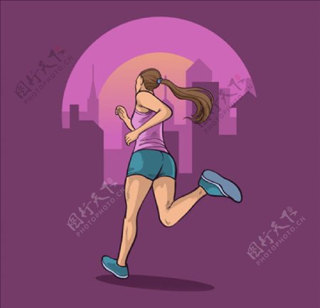 卡通跑步的女子背影