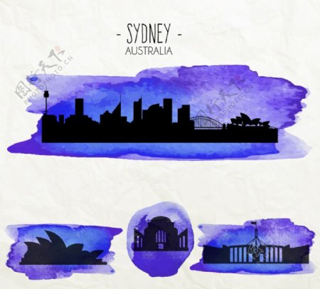 水彩澳大利亚著名建筑矢量图