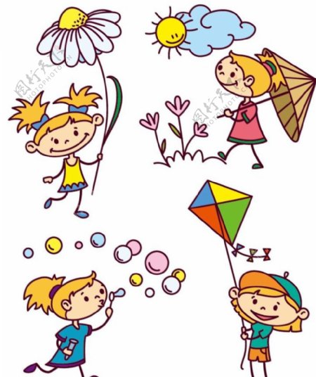 卡通可爱女孩玩耍花朵放风筝