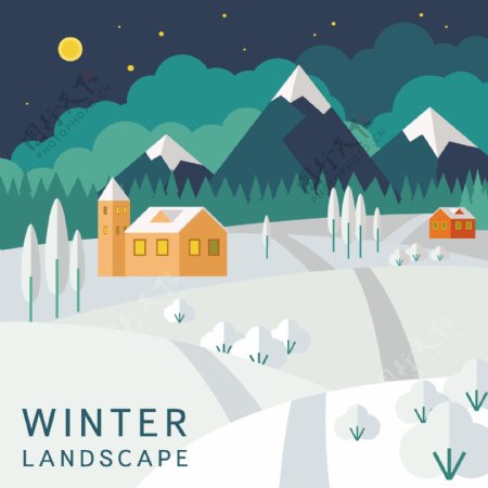 冬天冬季下雪雪山小屋卡通可爱
