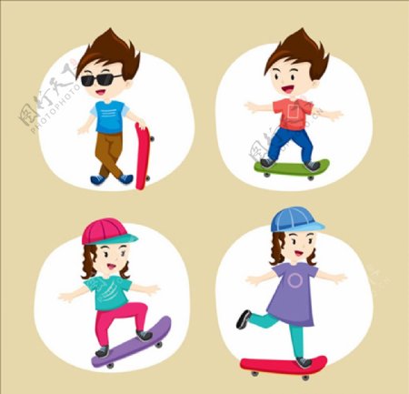 四款卡通滑滑板的男女