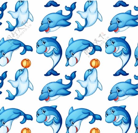 蓝色海豚无缝背景矢量素材