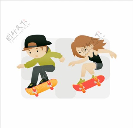 卡通滑滑板的男女生插图