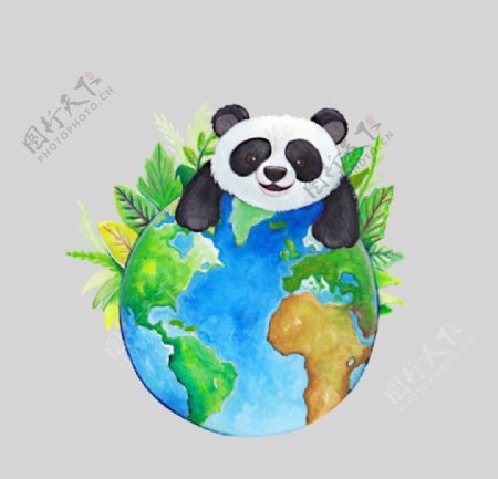 手绘水彩可爱的熊猫抱地球