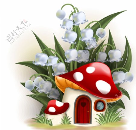 卡通铃铛花下的蘑菇屋