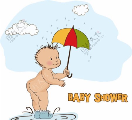 卡通打着雨伞玩水的宝宝