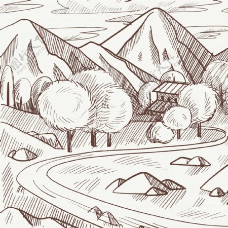 手绘素描山谷山路插图
