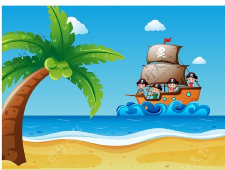 卡通儿童节在海盗船上的孩子