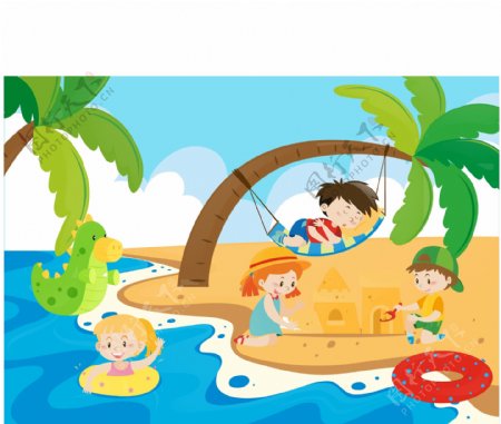 卡通儿童节在海边的孩子
