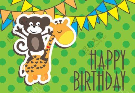 猴子长颈鹿母婴儿童宝宝的生日卡