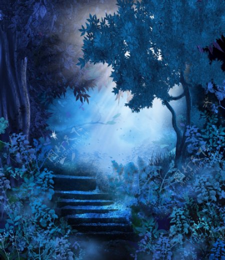 夜间童话森林小路玄关背景墙装饰画