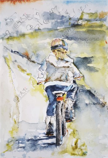 水彩绘骑自行车的女生背景