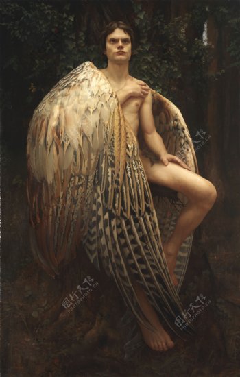 翅膀遮住身体的男子油画图片