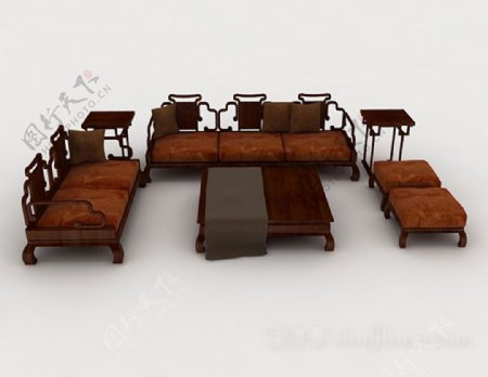 中式棕色木质组合沙发3d模型下载