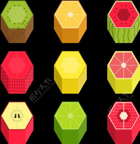 创意六边形水果图标免抠png透明图层素材