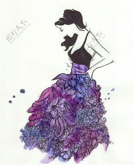 紫色花朵吊带礼服设计图