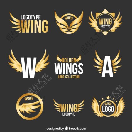 金色的翅膀双翼标志logo模板