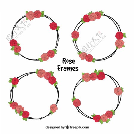 手绘玫瑰装饰的四个圆形框架