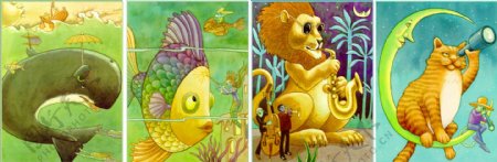 4幅卡通动物装饰画