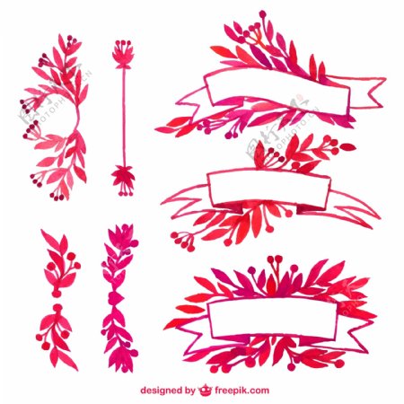 8款水彩绘丝带与花卉矢量图