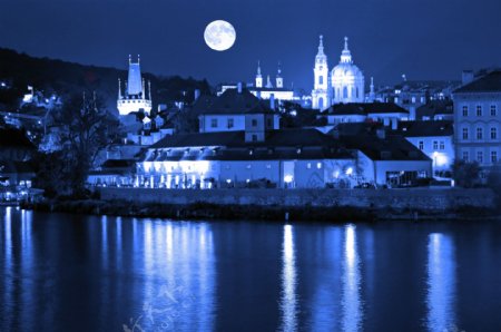 城市圆月夜景图片