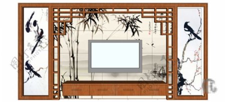 中式水墨画电视背景墙skp模型