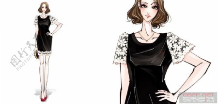 黑色花边袖连衣裙设计图