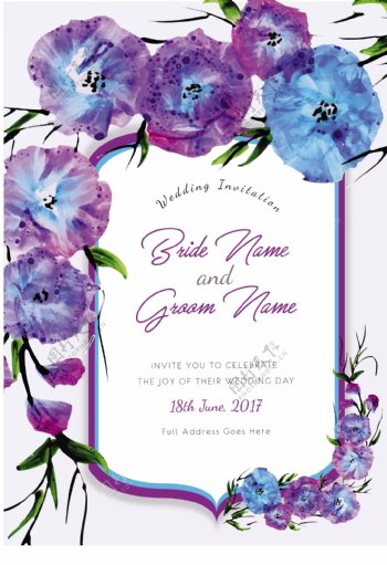 紫色蓝色花卉婚礼邀请卡