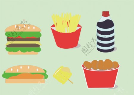 快餐食品汉堡包可乐玉米薯条炸鸡卡通插图