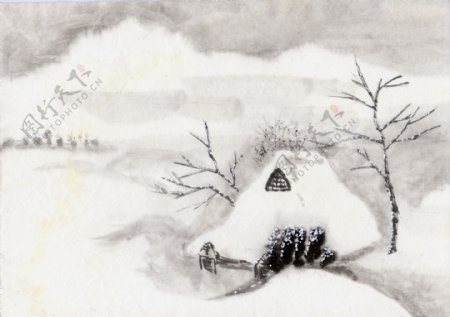 水墨风景爱斯基摩人的小屋图片图片