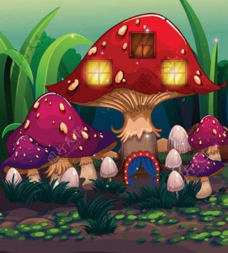 幻想童话世界卡通蘑菇矢量图