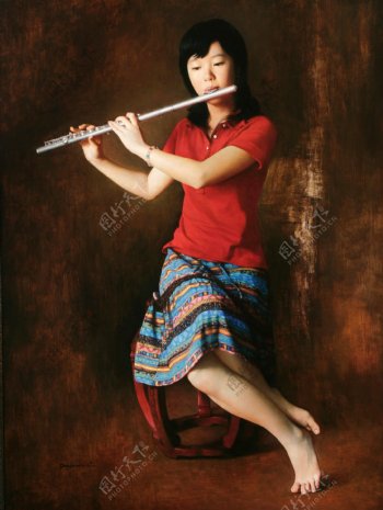 吹笛子的东方少女油画图片