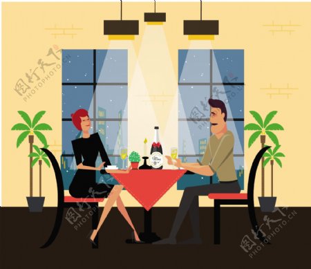 浪漫的情侣聚餐背景图标彩色卡通免费矢量