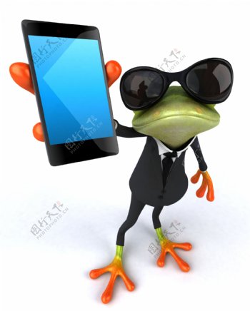 拿着触屏手机的树蛙图片