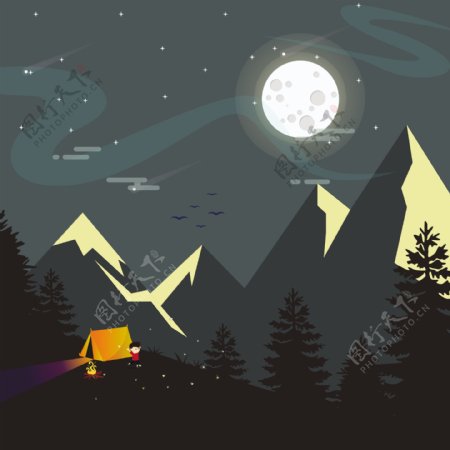 晚上的山山水画月光帐篷装饰免费矢量图标