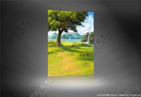 山水大树水彩画影楼摄影背景图片