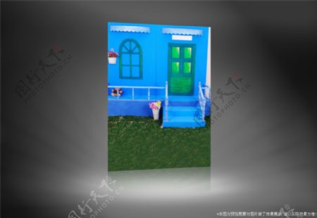 蓝色墙绿色门窗影楼摄影背景图片