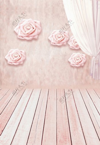 布帘与墙上的花饰影楼摄影背景图片