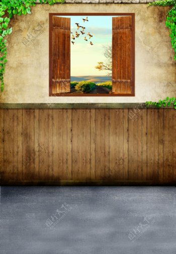木板墙与窗户藤蔓影楼摄影背景图片