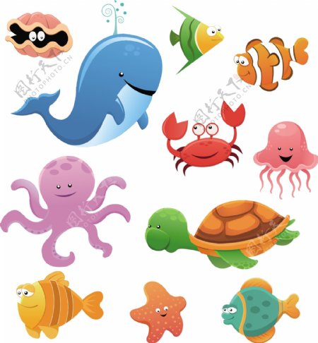 可爱卡通海洋动物矢量图