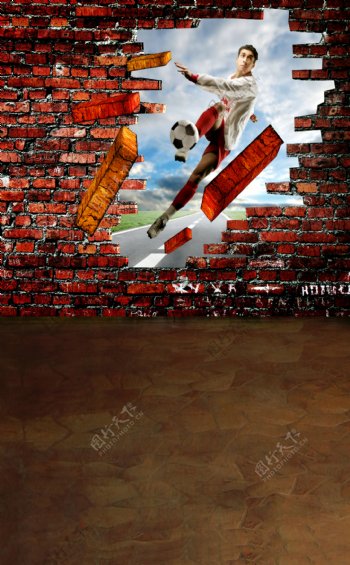 踢球球员立体视觉影楼摄影背景图片