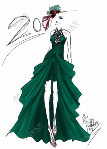 绿色长裙礼服设计图
