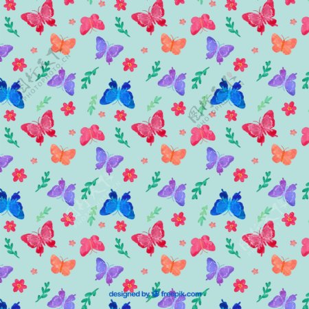 彩色蝴蝶和花朵无缝背景矢量图