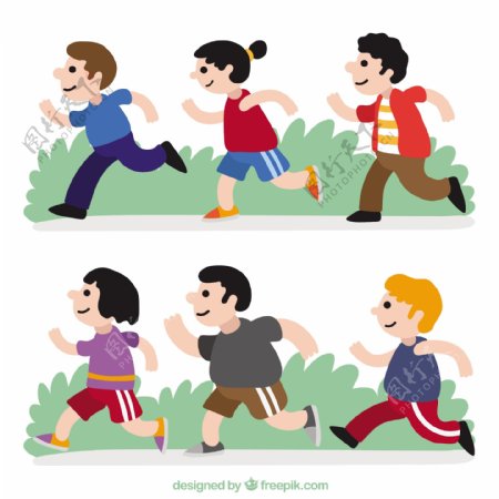 彩色六人跑步插画