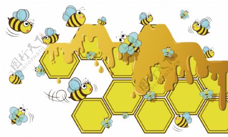卡通一群蜜蜂和蜂巢