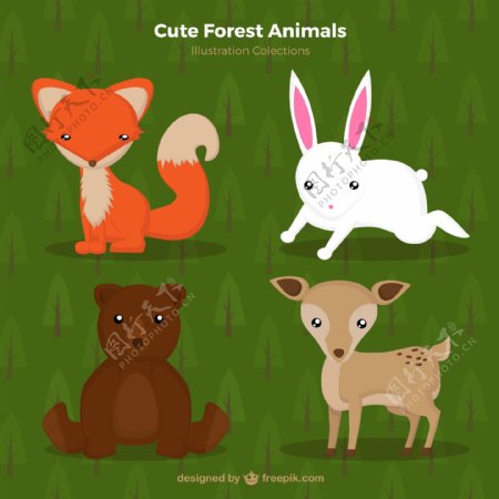 狐狸兔子熊和鹿4种可爱森林动物矢量素材