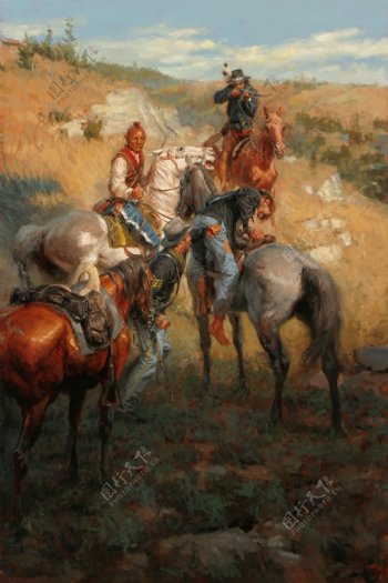 战场上骑马开枪的西方男人油画图片