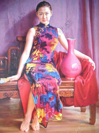 旗袍美女油画图片